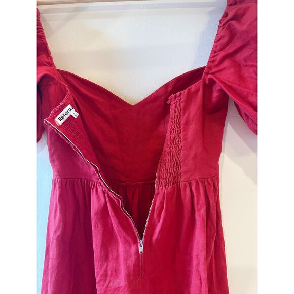 Reformation 100% Linen Red Zipper Smock Puffy Sleeve Sweetheart Neck Dress Sz 0 - Picture 7 of 12